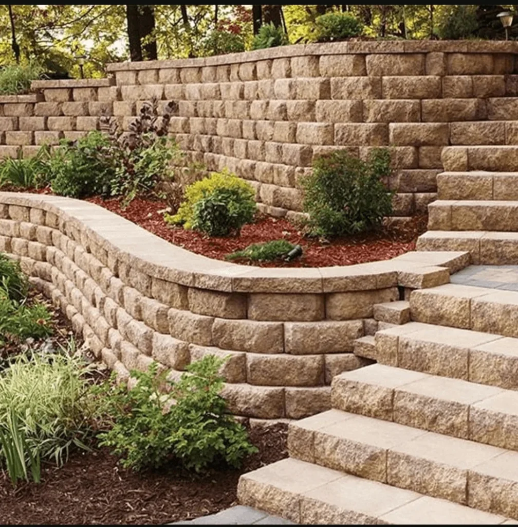 Garden terrace retaining walls that provide level areas for flowers and other plants