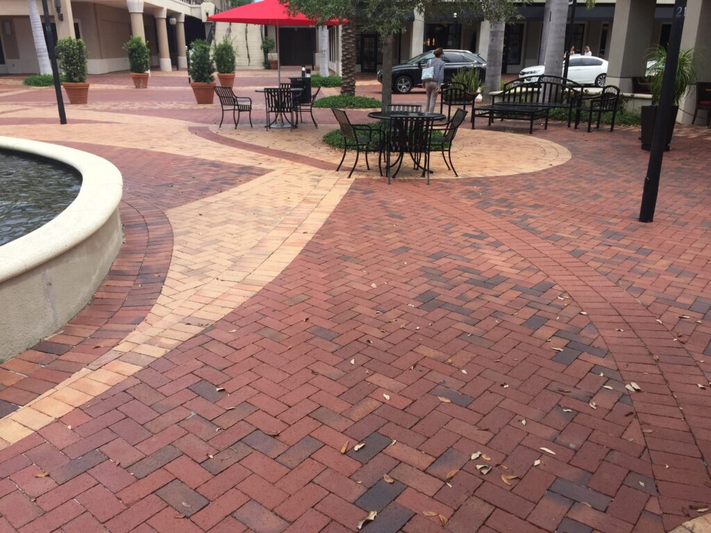 A commercial walkway made of clay paver materials